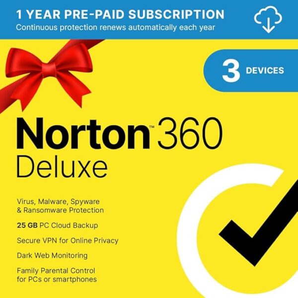 Norton 360 Deluxe 2025, Antivirus software for 3 Devices with Auto Renewal - Includes VPN, PC Cloud Backup & Dark Web Monitoring