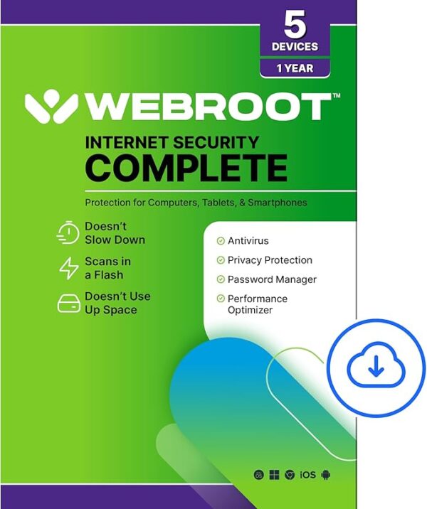 Webroot Internet Security Complete | Antivirus Software 2024 | 5 Device | 1 Year Download for PC/Mac/Chromebook/Android/IOS + Password Manager, Performance Optimizer and Cloud Backup 29.99