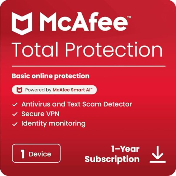 McAfee Total Protection 1-Device 2025 Ready | Security Software Includes Antivirus, Secure VPN, Password Manager, Identity Monitoring