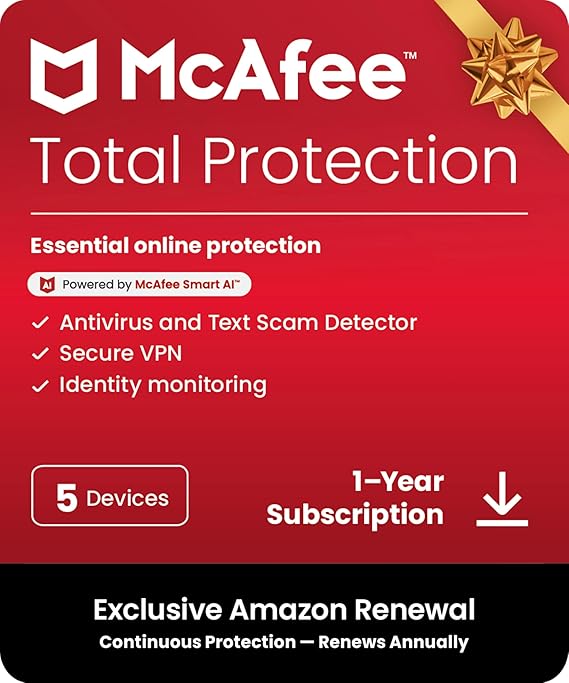 McAfee Total Protection 5-Device 2025 Ready | Security Software Includes Antivirus, Secure VPN, Password Manager, Identity Monitoring | 1 Year Subscription with Auto Renewal